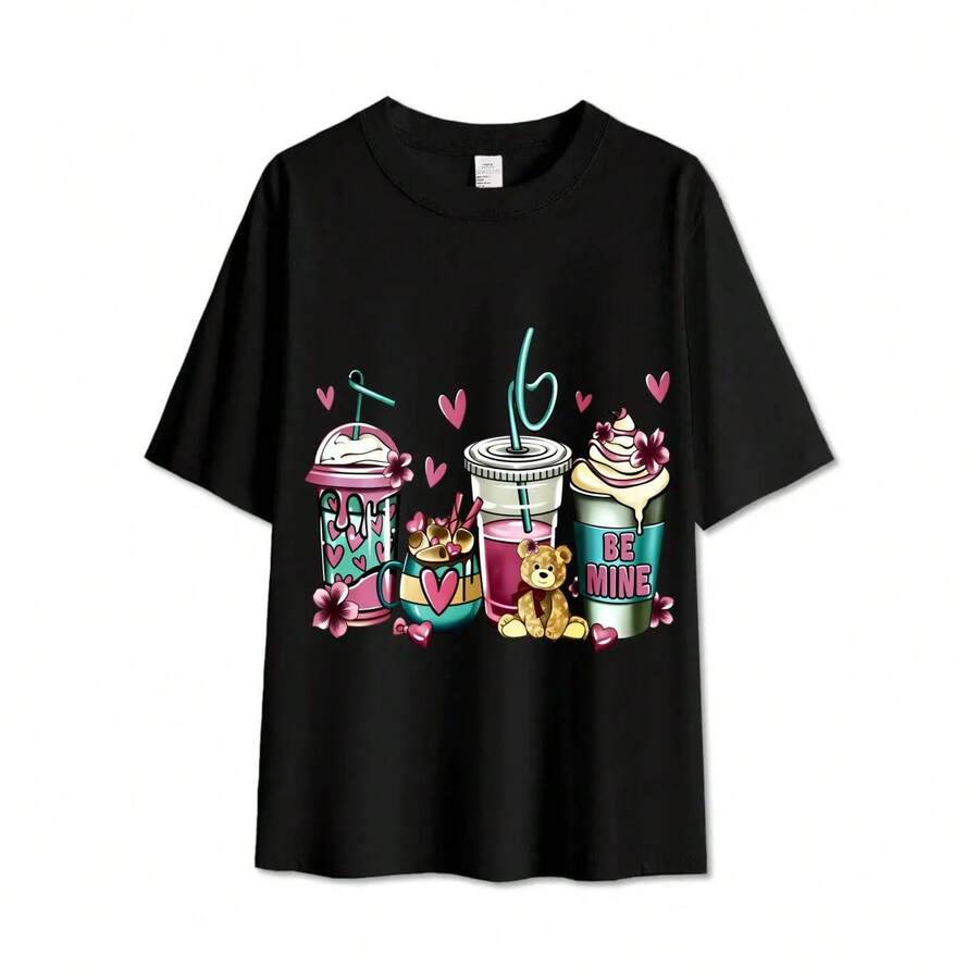 Wnta Women's Bi-Weekly Printed Short Sleeve T-Shirt, Casual Round Neck T-Shirt, Sweet And Stylish, Ideal For Everyday Wear, Valentine's Day Theme, Sizes Available From S To 4XL - 黑色 - 查看 1