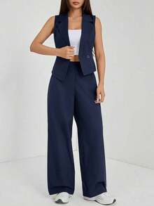 de 2 piezas de ropa de otoño, top sin mangas y pantalones de unicolor para mujer - Azul marino - Ver 7
