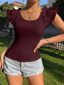 Camiseta de manga corta ajustada con cuello cuadrado de unicolor para mujeres - Burdeos - Ver 7