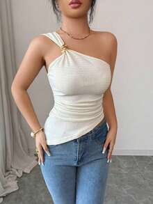 Blusa elegante y sexy de mujer con cuello halter sin mangas, con decoración metálica, tela texturizada, recogido en la cintura, adecuada para salir, citas, vacaciones - Albaricoque - Ver 3