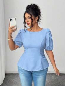 Blusa casual de manga corta con lazo y espalda abierta, unicolor, para mujer talla grande, verano - Celeste - Ver 5