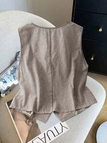 Blusa casual de mujer talla grande de cuello en V de una sola hilera con rayas y sin mangas - Marrón - Ver 2