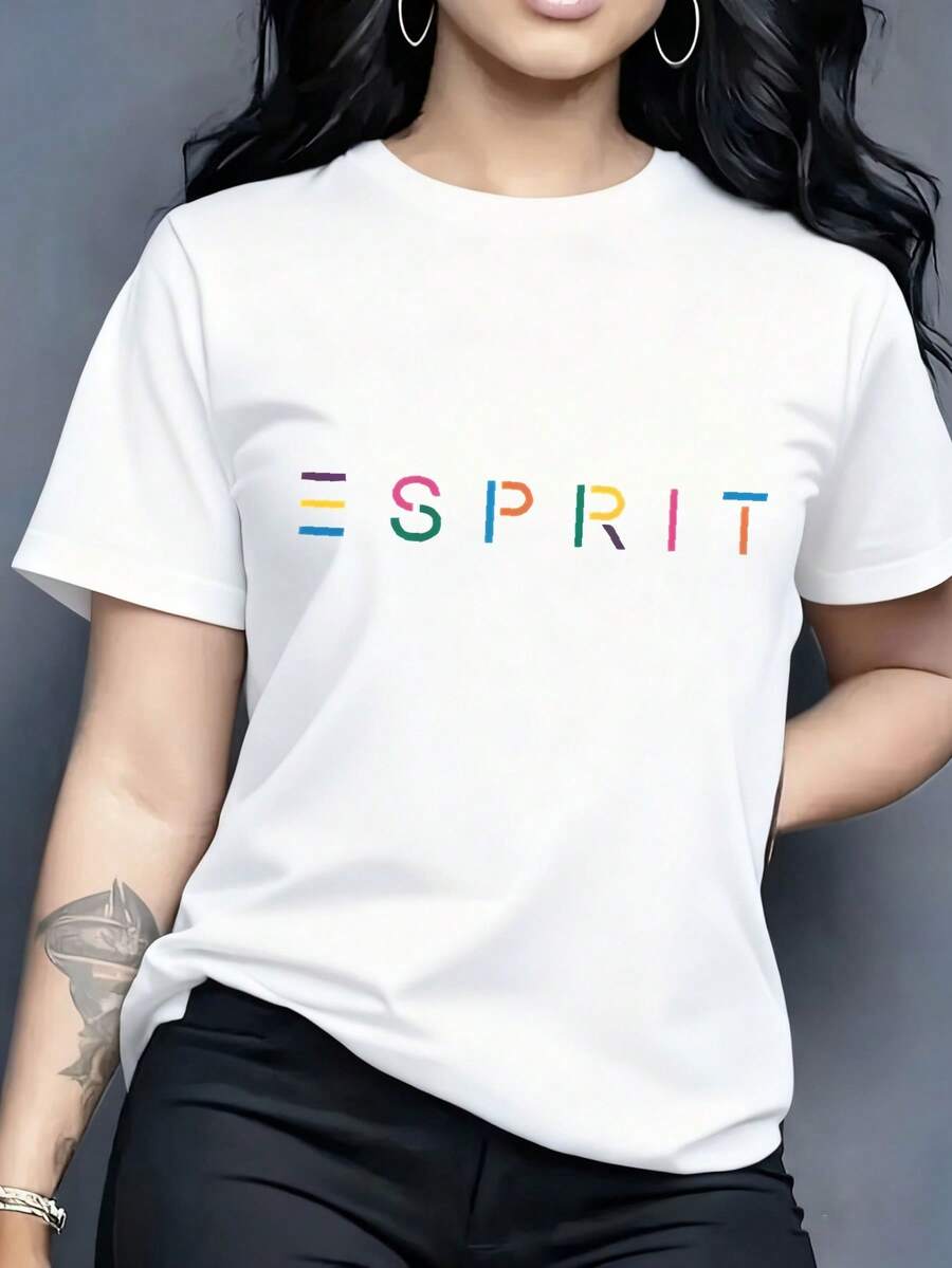 Women's fashionable T-shirt, featuring the "Mighty Man from  and " pattern print, made of 100% pure cotton with a round neck and short sleeves. It is comfortable and breathable, casual and elegant, a must-have for summer. - Blanco - Ver 1