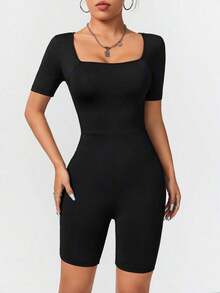 Mono corto de manga corta con cuello cuadrado negro, mono ceñido y delgado apto para el verano para mujeres - Negro - Ver 7