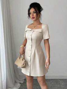 Vestido corto de manga corta con cuello trapezoidal elegante, volantes y cintura con botones en forma de línea A, adecuado para el trabajo, primavera/verano - Albaricoque - Ver 3