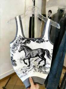 Blusa casual y versátil de uso diario con estampado de caballos para mujer - Azul y blanco - Ver 2