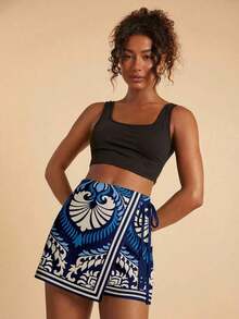 Pantalones Cortos de Playa Estilo Bohemio Casual para Vacaciones con Cintura de Lazo y Volantes para Mujer, Ropa de Otoño para Mujer, Ropa Tropical para Vacaciones, Conjuntos Bohemios, Conjuntos Estilo Ibiza, Estilo Occidental - Multicolor 2 - Ver 6