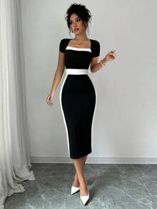 Vestido ajustado de cuello cuadrado con bloques de color para mujer - Blanco y Negro - Ver 4