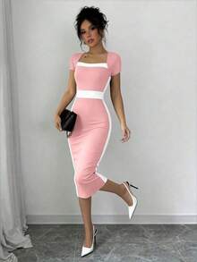 Vestido ajustado de cuello cuadrado con bloques de color para mujer - Rosa Pálido - Ver 5