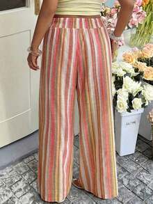 2026 Primavera/Verano Nuevos pantalones casuales para uso diario, fiestas, ir al trabajo, volver al colegio, citas, en casa, fiestas de cumpleaños, para múltiples ocasiones, con cintura elástica holgada, pernera ancha, color beige, talla grande - Multicolor - Ver 2