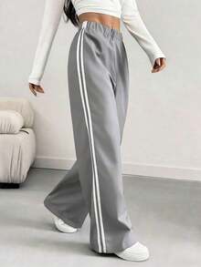 Pantalones informales de mujer con pierna suelta y efecto de contraste de color, para primavera/verano - Gris Pedernal - Ver 3