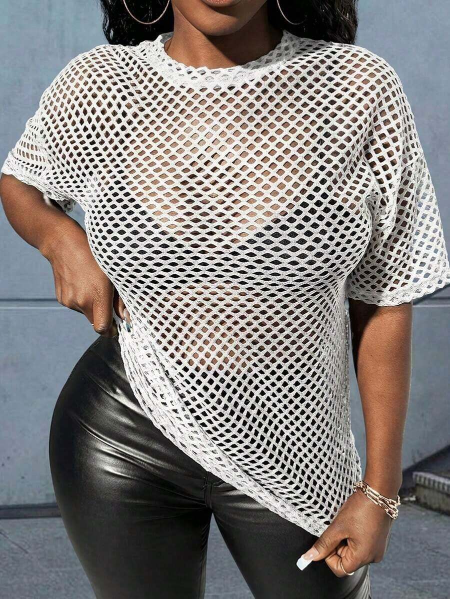 Camiseta de mujer de manga corta, versátil, sexy y casual, de malla de ganchillo suelta, para festival de música - Blanco - Ver 1