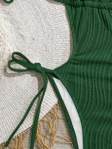 Traje de baño de una pieza con cuello en V de punto jacquard con textura y espalda descubierta, color verde oliva, adecuado para la playa.Traje de baño de una pieza negro, traje de baño de mujer con cuello halter - Verde Oscuro - Ver 5