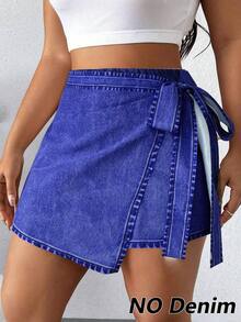 Falda pantalón informal de aspecto de mezclilla con doblez asimétrico y nudo lateral para mujer talla grande - Azul marino - Ver 3