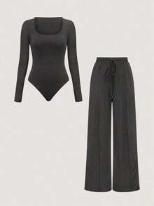 Set de 2 piezas: Top con bajo asimétrico y pantalones de unicolor - Gris Oscuro - Ver 10