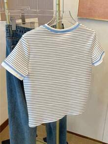 Camiseta de manga corta casual con estampado de rayas para mujer - Multicolor 2 - Ver 2