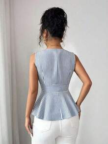 Blusa casual sin mangas con cuello en V, botones metálicos en la cintura y diseño de rayas de lino de lujo, elegante moda de verano 2026 para mujeres - Azul y blanco - Ver 7