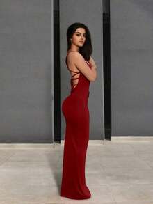 Vestido largo de uso diario con tiras cruzadas sencillas y liso para mujer - Burdeos - Ver 4
