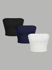 Set de 3 tops cortos ajustados de unicolor minimalista para mujer, apropiados para el verano - Multicolor 2 - Ver 1