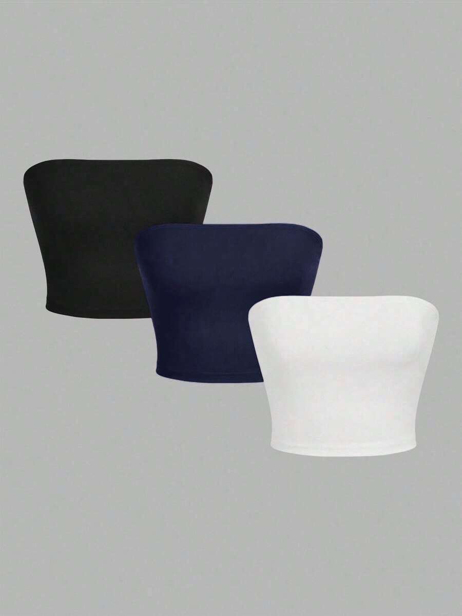 Set de 3 tops cortos ajustados de unicolor minimalista para mujer, apropiados para el verano - Multicolor 2 - Ver 1