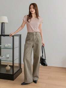 Camiseta de mujer de unicolor con cuello en V y manga corta, estilo de negocios casual de verano "Old Money" para ropa de trabajo de mujer - Rosa vieja - Ver 3