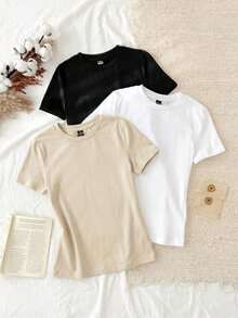Conjunto de 3 piezas de camisetas de manga larga de ajuste ceñido con cuello redondo, estilo minimalista casual, 95% algodón, para mujer - Multicolor 18 - Ver 6