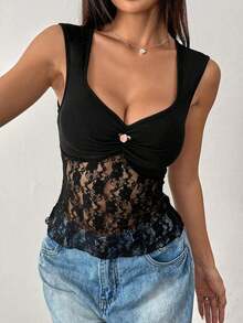 Camiseta sin mangas de encaje con parches, diseño calado, para mujer, color rosa, sexy - Negro - Ver 6