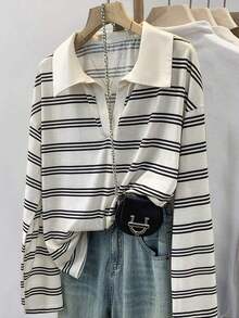 Camiseta holgada de murciélago a rayas de estilo casual para mujer, otoño - Multicolor - Ver 5