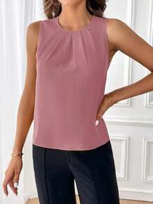 Clasi Blusa sin mangas con detalle de pliegues y escote de ojo de cerradura, blusas sin mangas - Rosa - Ver 4