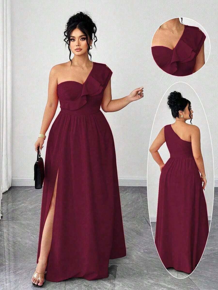 Vestido de mujer de talla grande con volantes, tirantes de espagueti y unicolor, adecuado para volver al colegio, graduación, San Valentín, festival de música, Día de la Madre, Halloween, Acción de Gracias, Pascua, Baile de graduación, cita, tempo - Burdeos - Ver 1
