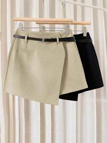 Pantalones con falda asimétrica de moda casual para ir al trabajo, pantalones cortos multifuncionales para mujer sin cinturón, pantalones con falda asimétrica a juego sin cinturón, falda asimétrica, falda con dobladillo asimétrico, falda pantalón - Caqui - Ver 6