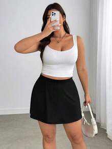 Falda corta casual de línea A de unicolor negro básico para mujer de talla grande, amigable con las curvas del Body redondeado, para el invierno, para la figura de Body redondeado tipo manzana - Negro - Ver 7