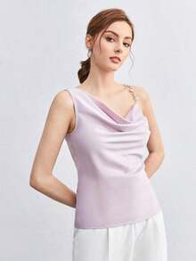 Top de tirantes con diseño asimétrico, decoración de metal y drapeado para mujer.Diseño minimalista, elegante y de moda para uso casual en el trabajo, apto para maestras, oficina, bodas y conciertos. - Lila Púrpura - Ver 5
