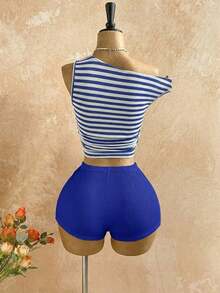 Nuevo conjunto casual de 2 piezas para mujer con hombro asimétrico, textura esponjosa, estampado floral y espalda descubierta, ideal para vacaciones, boda, graduación, Día de San Patricio, primavera, festival de música, elegante estilo boho tropical - Azul marino - Ver 2
