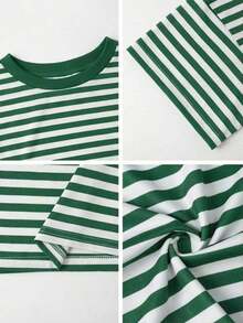 Camiseta casual de mujer  de cuello redondo holgado, camiseta de manga corta de ajuste ceñido con parches a rayas minimalista, adecuada para primavera/verano, ideal para el Día de San Valentín - Verde - Ver 10