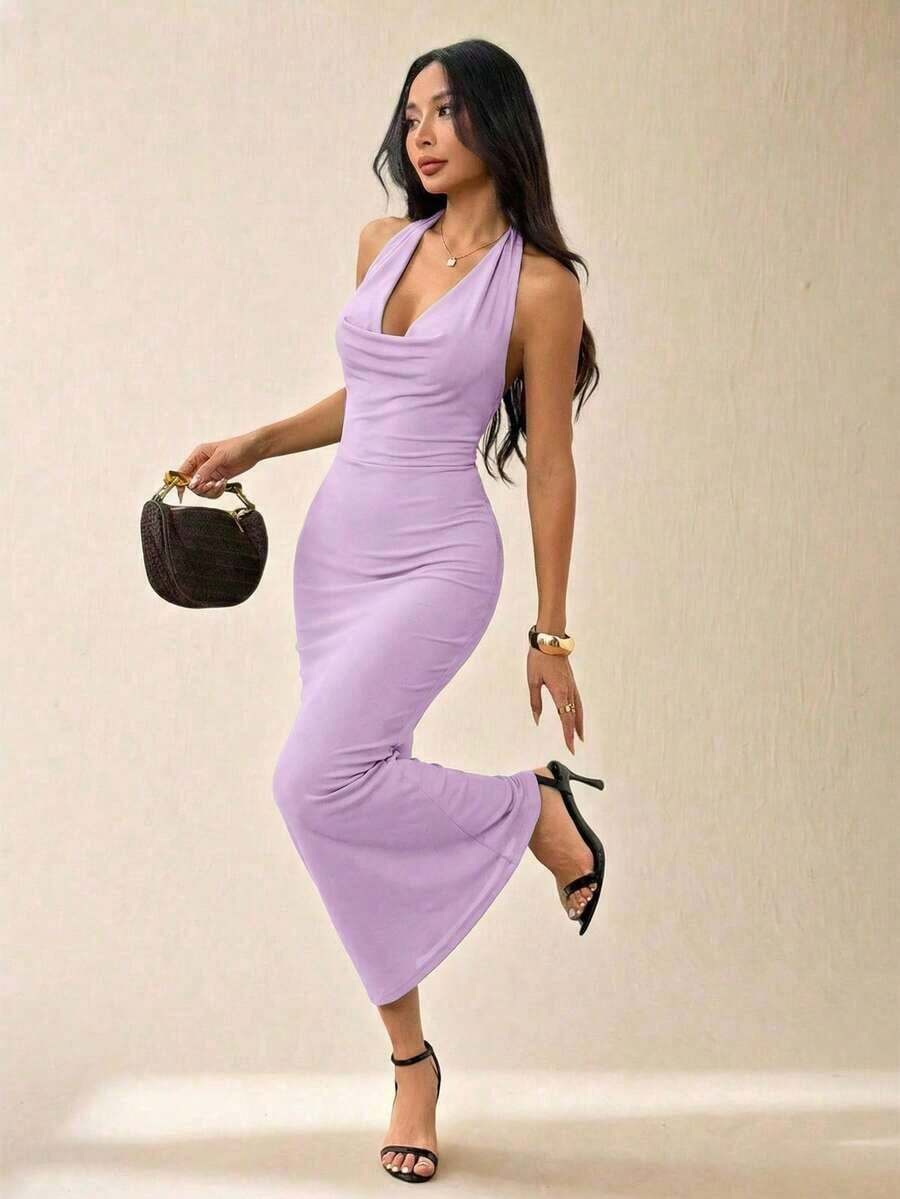 Vestido elegante de mujer de unicolor con cuello drapeado de malla, vestido largo, estilo vacacional, adecuado para vacaciones de otoño/invierno - Púrpura malva - Ver 1