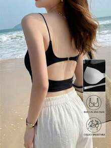 Top sin espalda sexy con sujetador acolchado para mujeres, chaleco sin mangas, casual de verano - Negro - Ver 1