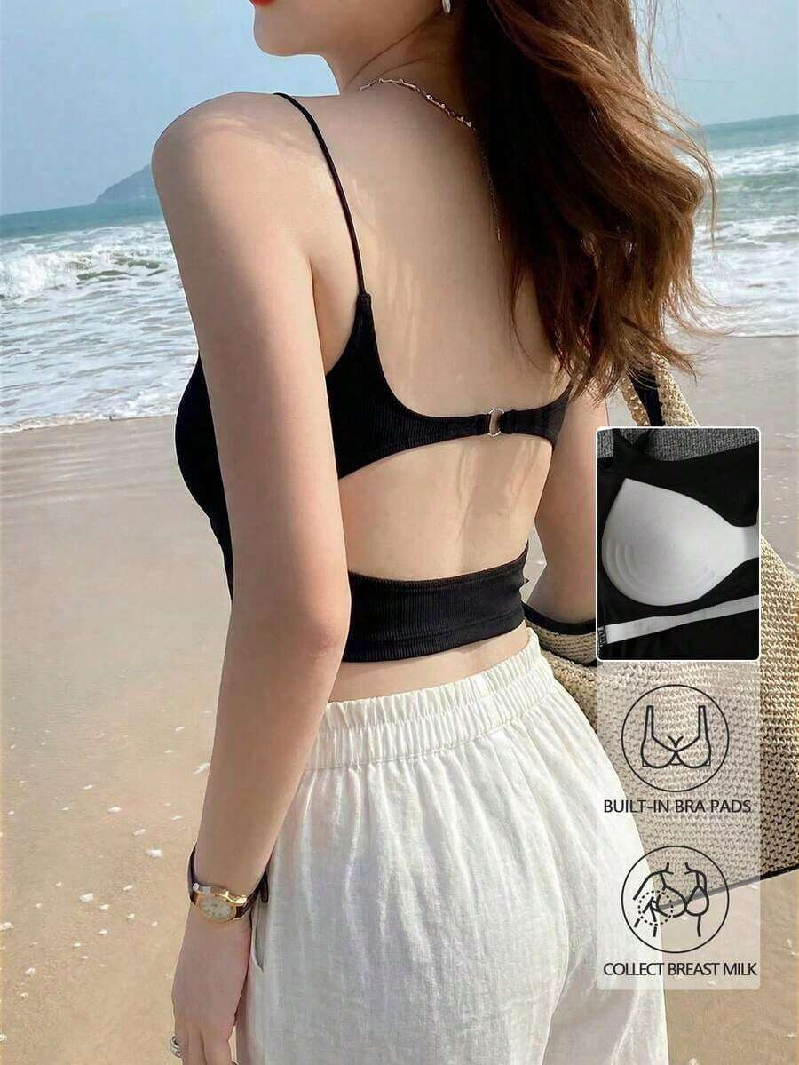 Top sin espalda sexy con sujetador acolchado para mujeres, chaleco sin mangas, casual de verano - Negro - Ver 1
