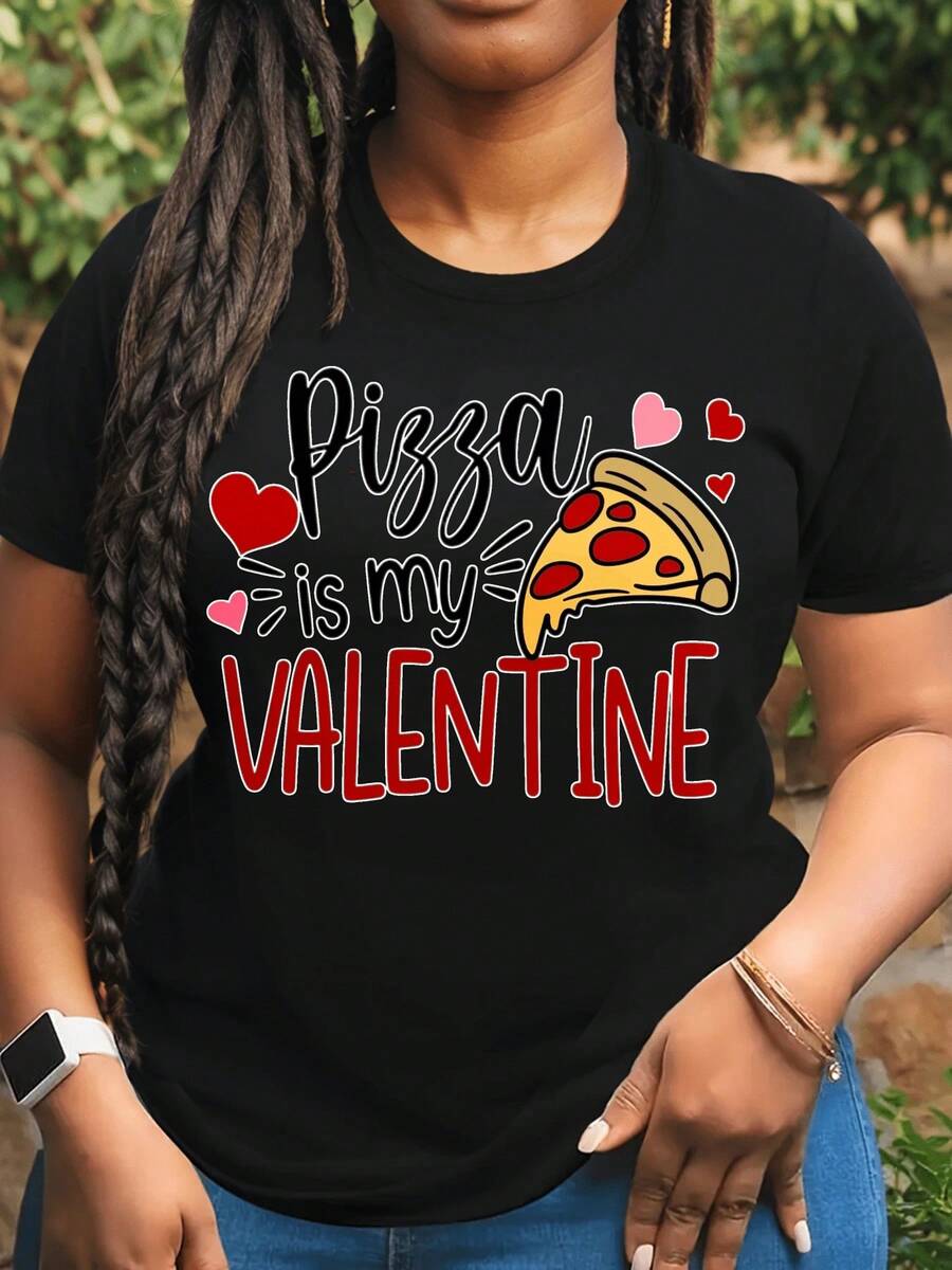 Women's Short Sleeve T-Shirt, Two-Tone Black And White T-Shirt For Ladies, Fun Graphic T-Shirt "Pizza My Valentine" For Women, Heart And Pizza Print, Loose Fit, Casual Top, T-Shirt For Valentine's Day, For Home, Outdoor Activities, Valentine's Day Gift. - 黑色 - 查看 1