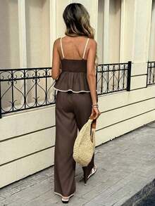 Set de 2 piezas con top de tirantes con ribete de contraste y pantalones de unicolor para mujer - Café integral - Ver 2