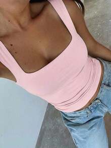 Camiseta sin mangas ajustada de unicolor con cuello cuadrado para mujer , Chaleco de unicolor minimalista y retro, Camiseta de punto sin espalda de moda de verano, Versátil y casual, Adecuado para el trabajo y el transporte - Rosa - Ver 3