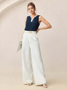 Camiseta sin mangas con detalle de pliegues y ribete de contraste para mujer, blusa formal elegante para el transporte urbano, uso casual de negocios - Azul marino - Ver 5