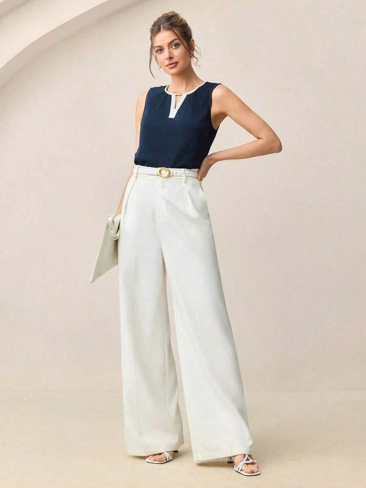 Camiseta sin mangas con detalle de pliegues y ribete de contraste para mujer, blusa formal elegante para el transporte urbano, uso casual de negocios - Azul marino - Añade 5