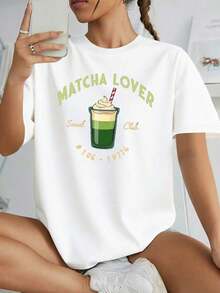Women's Crew Neck T-Shirt, 100% Cotton, Matcha Lover Social Club Cup Brand, Graphic Tees For Everyday Wear, Versatile Casual Tops, Streetwear, Back To School Outfits, School T-Shirts - 白色 - 查看 1