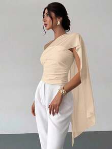 Blusa ajustada con volantes asimétricos de malla de punto con hombro asimétrico y empalme, elegante y casual, versátil, azul, adecuada para vacaciones, playa, atuendo de verano - Beis - Ver 6