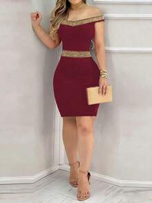 Vestido negro elegante y ceñido para mujer - Halter sin mangas con tela de lentejuelas en la espalda, perfecto para actividades de verano, mezcla de poliéster lavable a máquina, vestido ajustado, adecuado para citas nocturnas diarias, fiestas, fiestas de solteros - Burdeos - Ver 4
