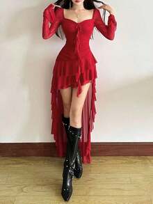 Vestido de manga larga con cuello cuadrado, cintura alta, ajustado, de unicolor vibrante, con dobladillo asimétrico, adecuado para fiestas y ocasiones casuales - Rojo - Ver 1
