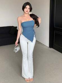 Blusa asimétrica plisada para mujer, ropa de vuelta al colegio, blusas para salir, top tubo - Niebla azul - Ver 4