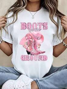 Camisetas Casuales para Mujer, Camiseta de Cuello Redondo con Estampado Gráfico de Botas Vaqueras Rosadas y Sombrero, Manga Corta, Ropa Casual para Festivales de Música Country y Atuendos Diarios, Camiseta para Mujer, Estilo Y2K, Camisetas de Moda de Verano, Conjuntos y Tops Casuales de Streetwear. - Blanco - Ver 6