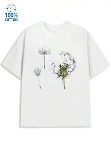 Camiseta de mujer 100% algodón con estampado gráfico de una delicada ilustración de acuarela de diente de león. - Blanco - Ver 1